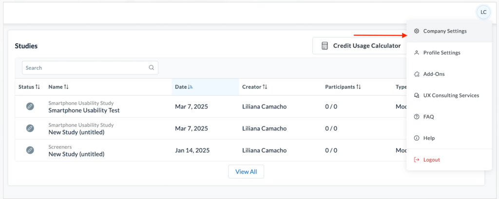 Account dropdown menu expanded with the ‘Company Settings’ option highlighted.