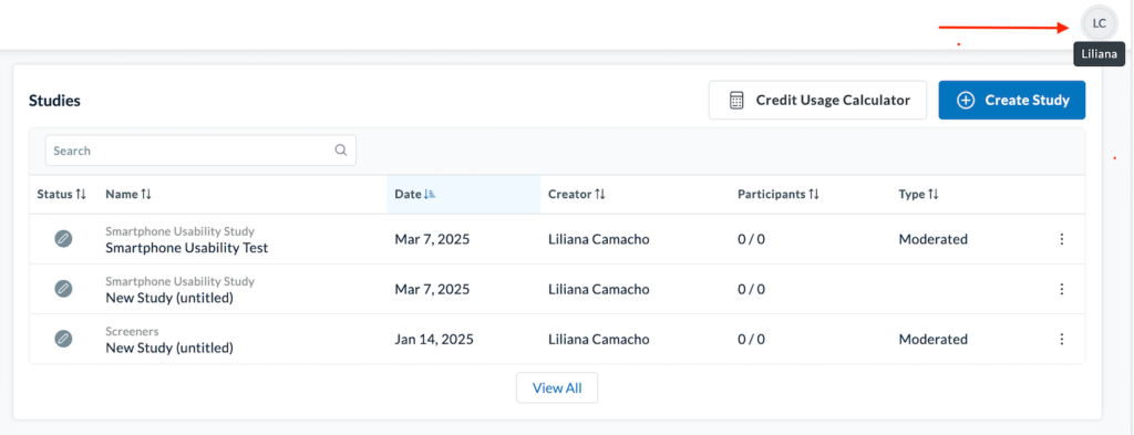 Userlytics dashboard showing the account initials clicked in the upper right corner to open the account menu