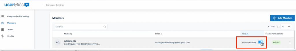 Members page showing a user with the role set to Admin (Visible), with the visibility toggle highlighted and selected.