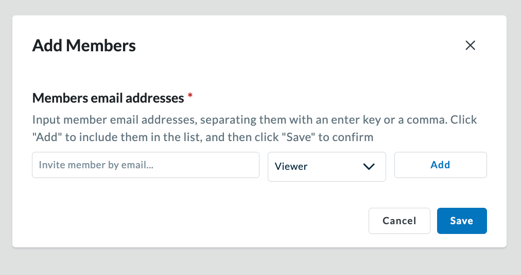 Add Members pop-up with empty email field, role dropdown, and Add and Save buttons.