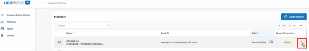 Members list displaying user details with the three-dot menu expanded to show member management options.