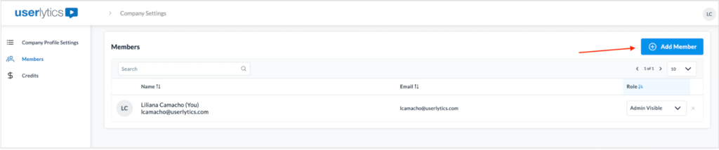 Members page showing the list of existing users and the Add Member button in the upper right.