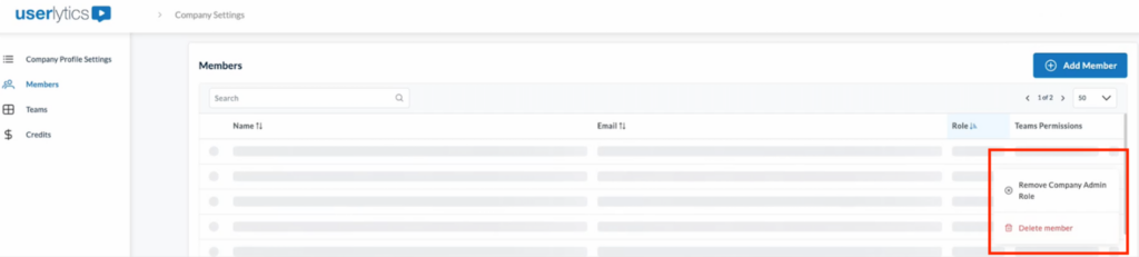 Members list showing the selected member’s role dropdown expanded to change the user’s role.