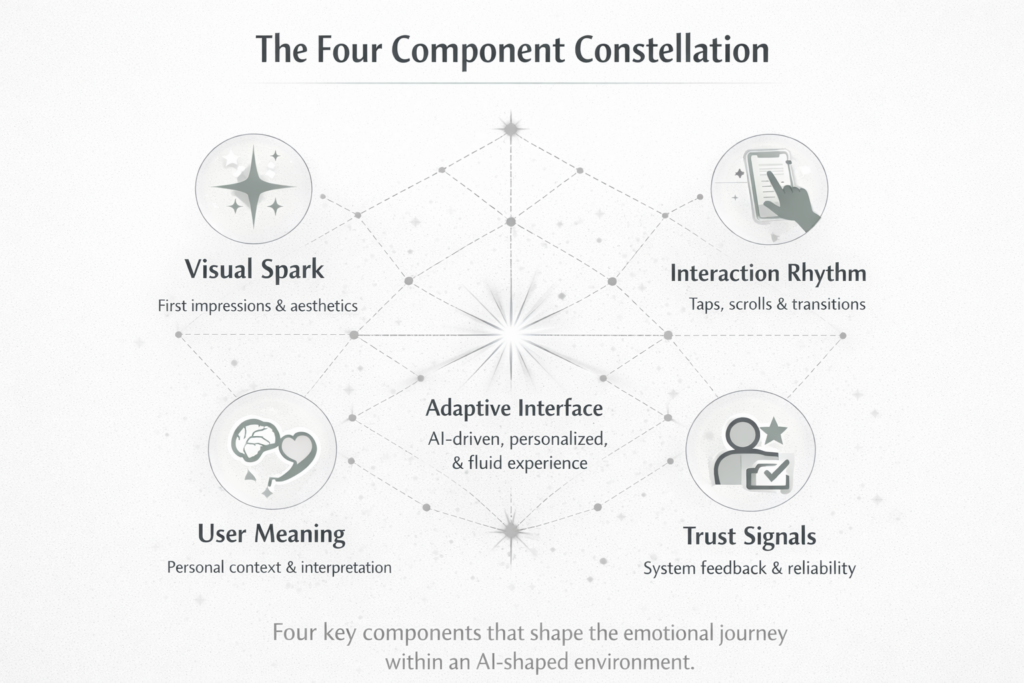 Minimal grayscale infographic titled ‘The Four Component Constellation’ showing four connected nodes around a central ‘Adaptive Interface.’