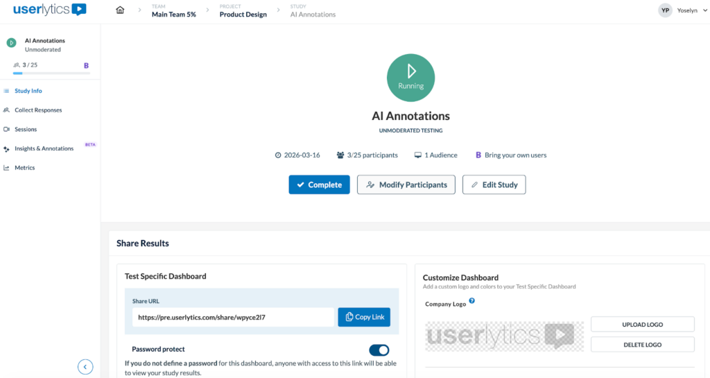 Userlytics client dashboard