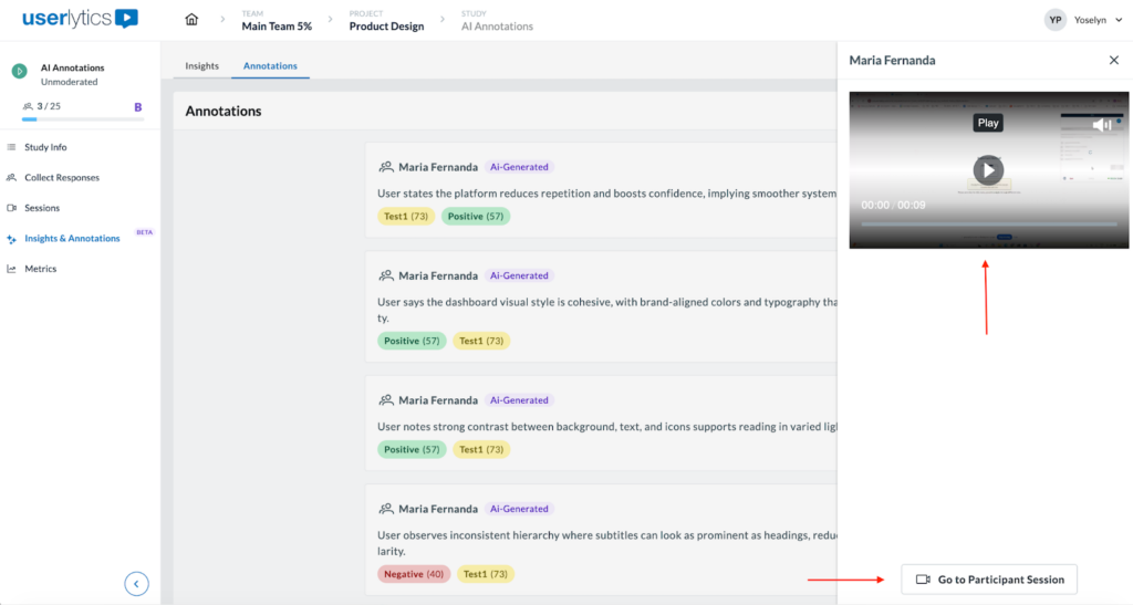 Annotations tab with red arrow pointing to the video highlight session.