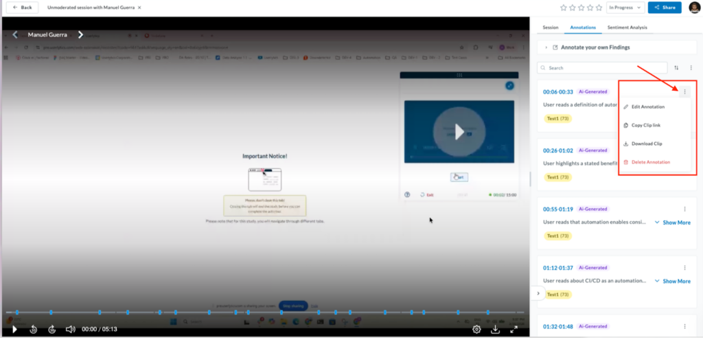 annotations tab with red arrow pointing to the 3 dots setting option.