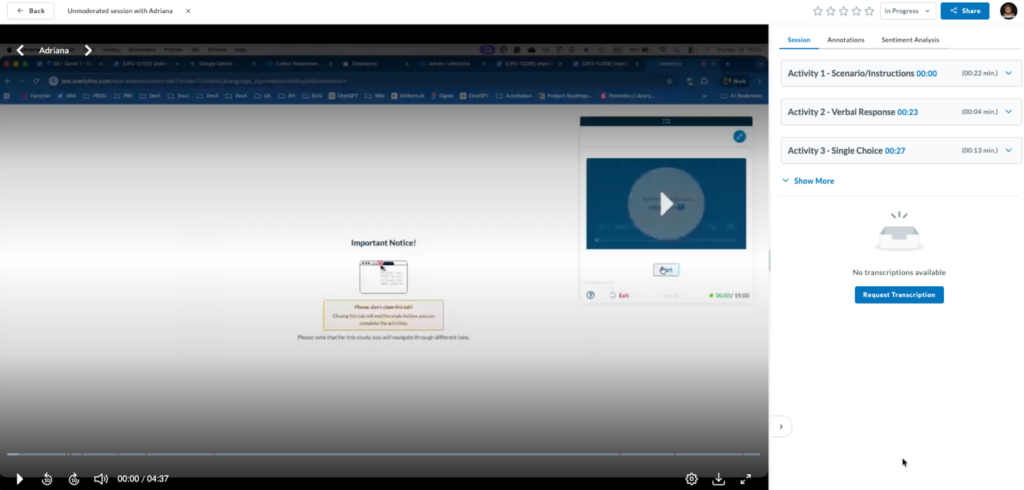 session tab with the request transcript button.