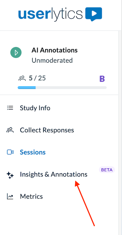Dashboard tab with red arrow pointing to insights and annotations option.