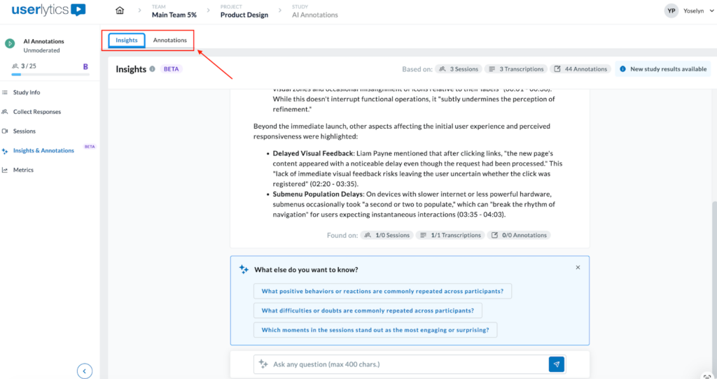 insight and annotations tab with red arrow pointing to insights and annotations on the left side.
