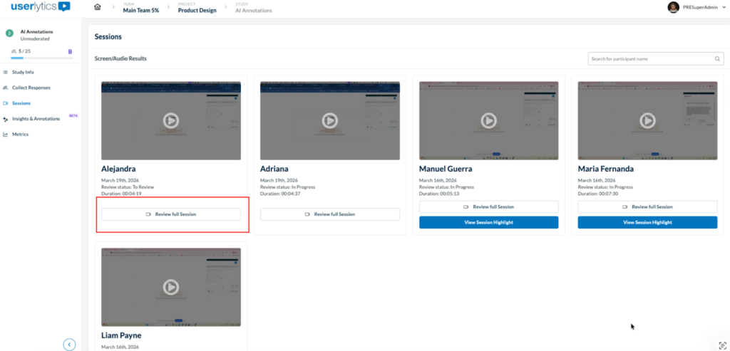 Session tab with a red square around review full session.