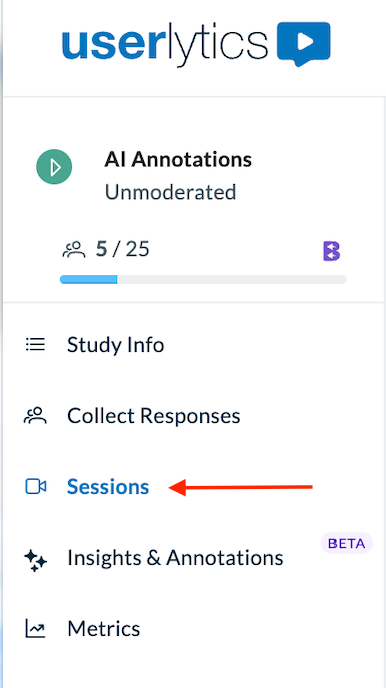 Client dashboard with red arrow pointing to the session button on the left.