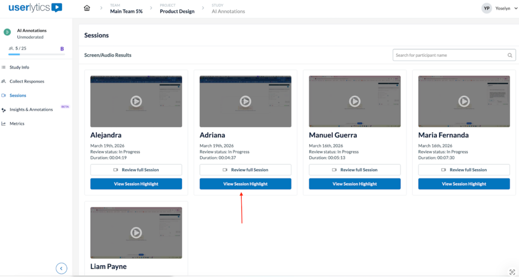 The session window with red arrow pointing to view session highlight button.