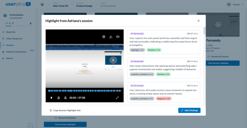 Session highlights window with the AI annotations.