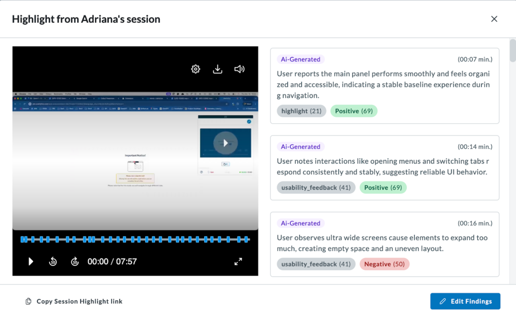 Session highlights window with the AI annotations.