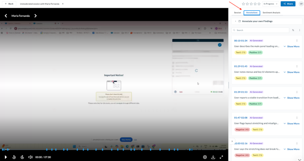 Session window with red arrow pointing to the annotations button on the top right corner.
