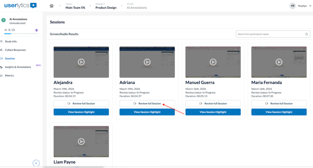 The session window with red arrow pointing to review full session  button.