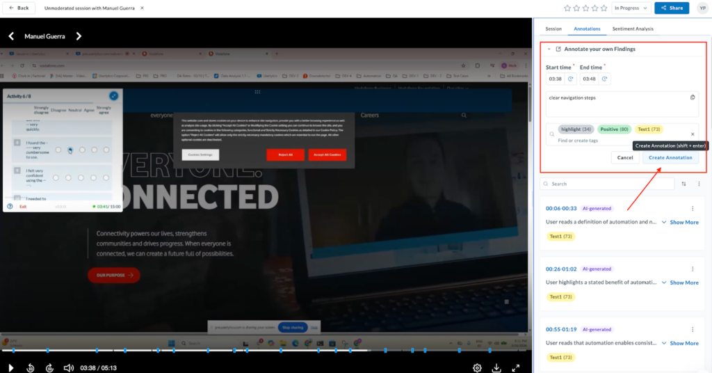 Annotations tab with red arrow pointing to create annotation button.