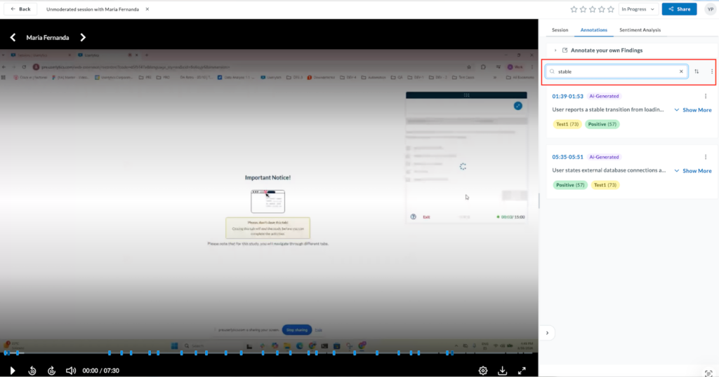Session window with text bar add your own annotations.