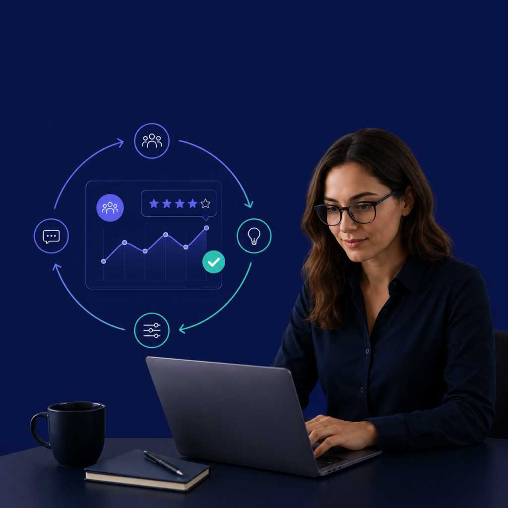 Illustration of continuous product discovery with real-time customer feedback, collaborative product refinement, user insight dashboards, and agile UX research workflows.
