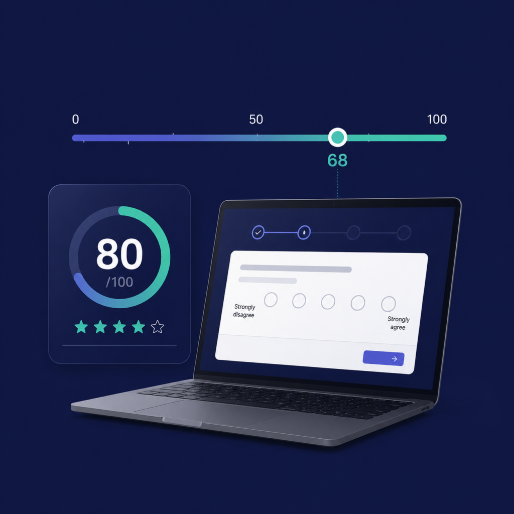 Illustration of System Usability Scale (SUS) testing with usability scoring dashboards, participant feedback analysis, UX benchmarking, and interface evaluation metrics.
