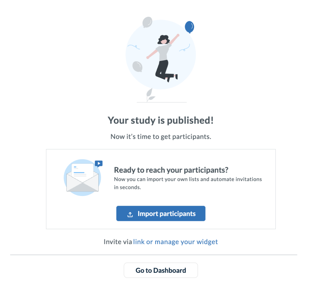 Study published confirmation screen with Import Participants shortcut button.