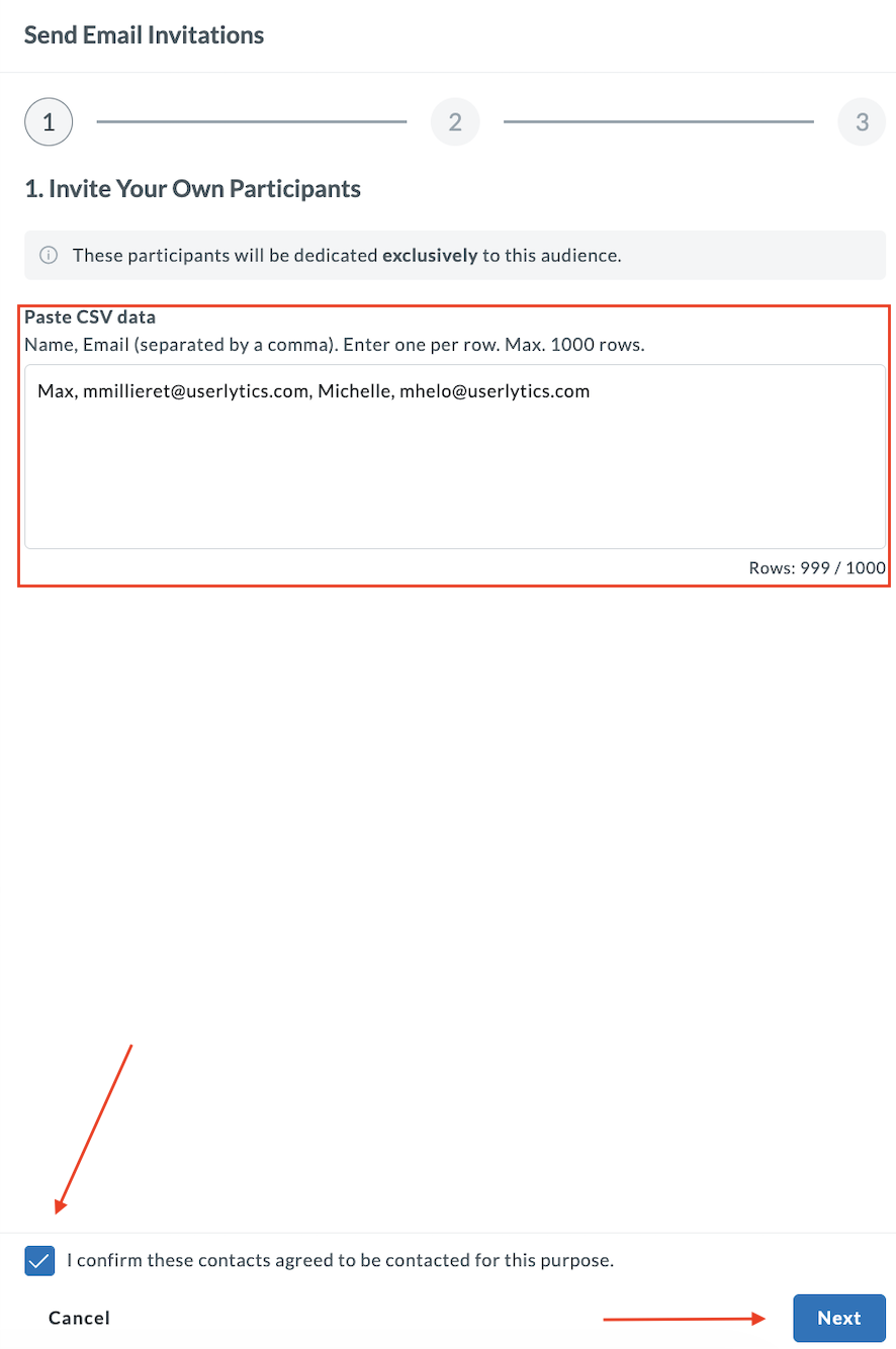 Step 1 showing a successfully uploaded CSV file with row count confirmation.