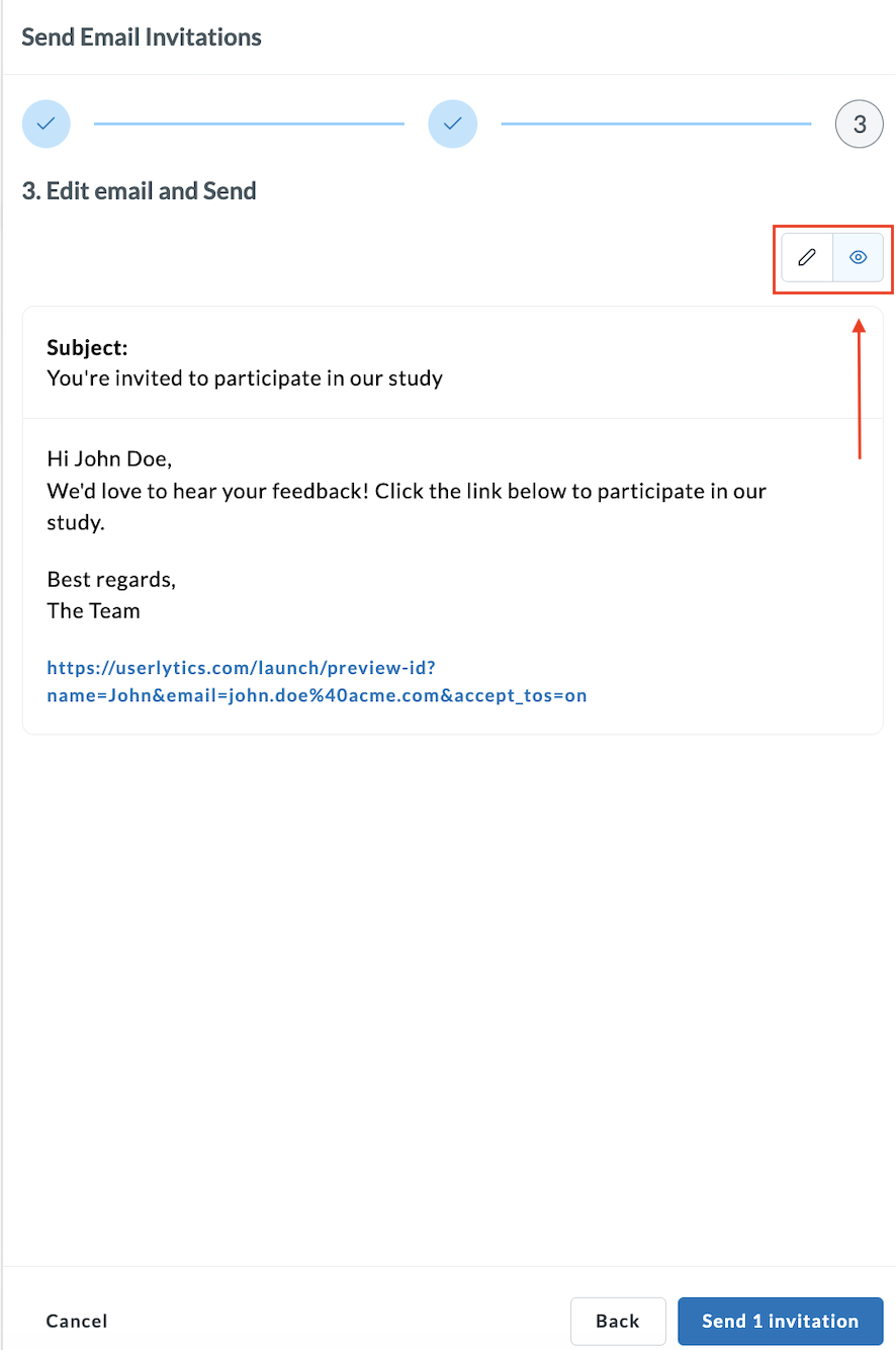 Step 3 email editor showing the pencil icon to edit and the eye icon to preview the personalized invitation before sending.