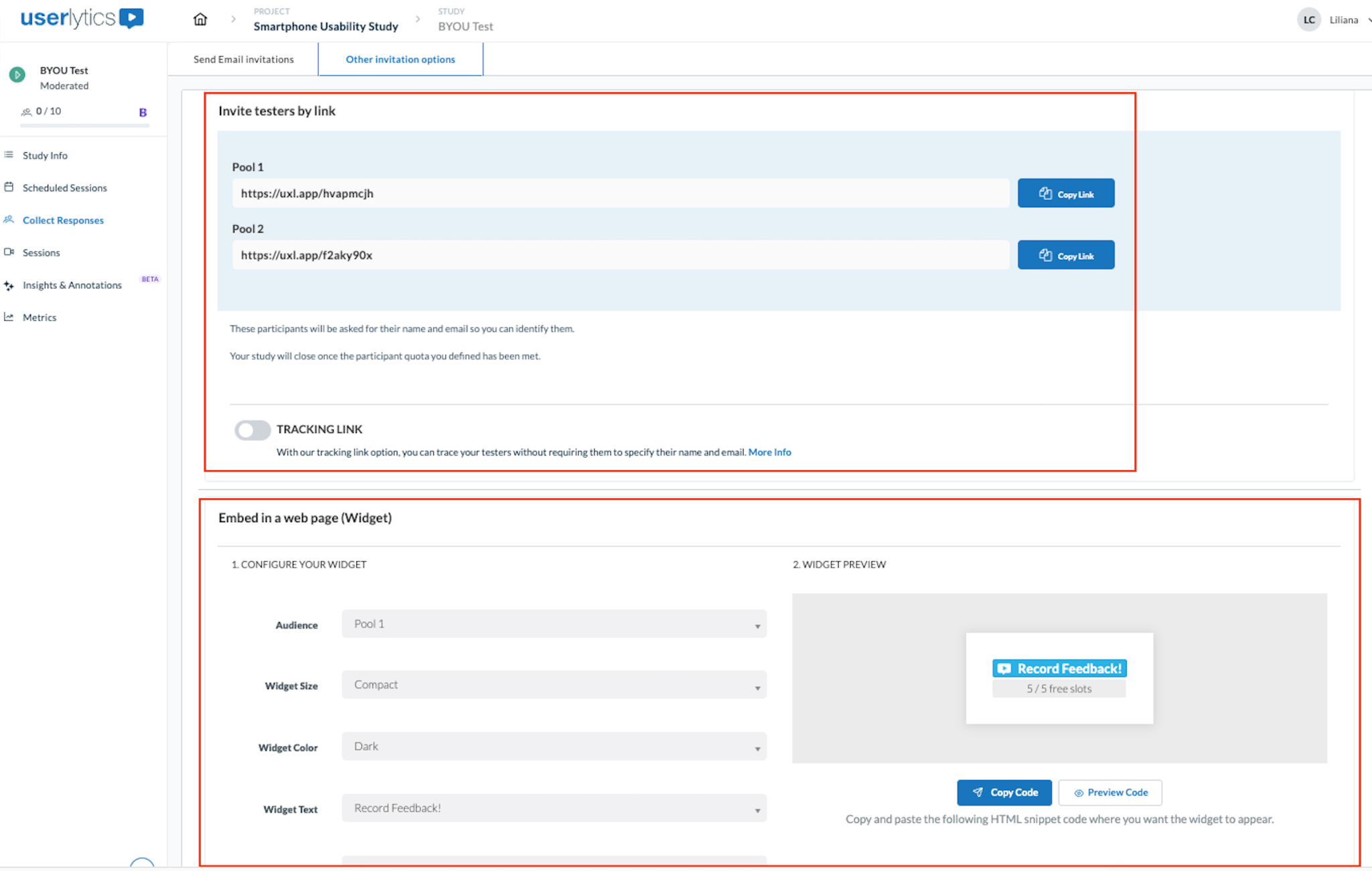 Email preview mode showing personalized invitation and Other Invitation Options tab with shareable links and widget configuration.