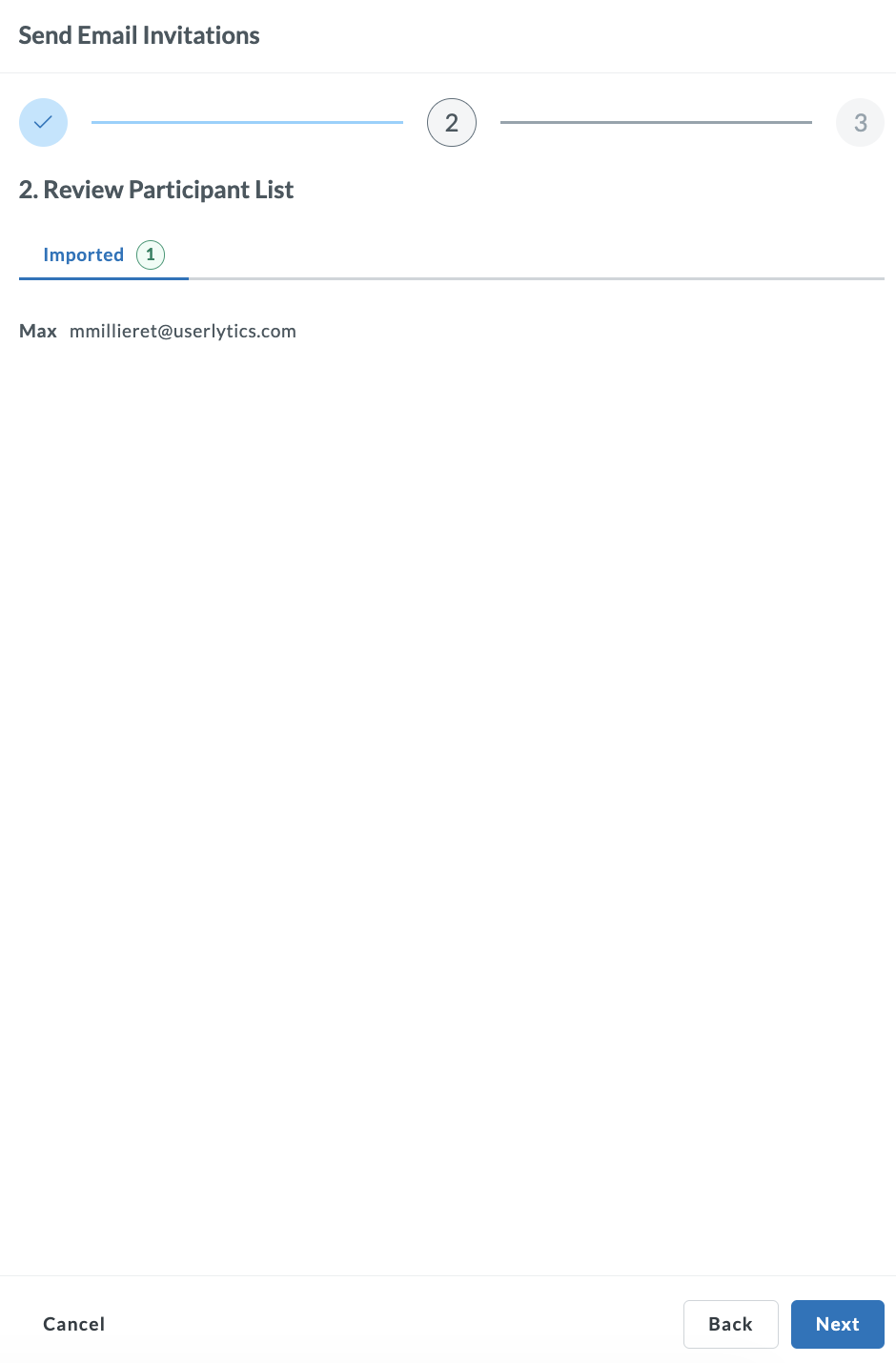 Step 2 showing Review Participant List with Imported tab displaying validated contacts.