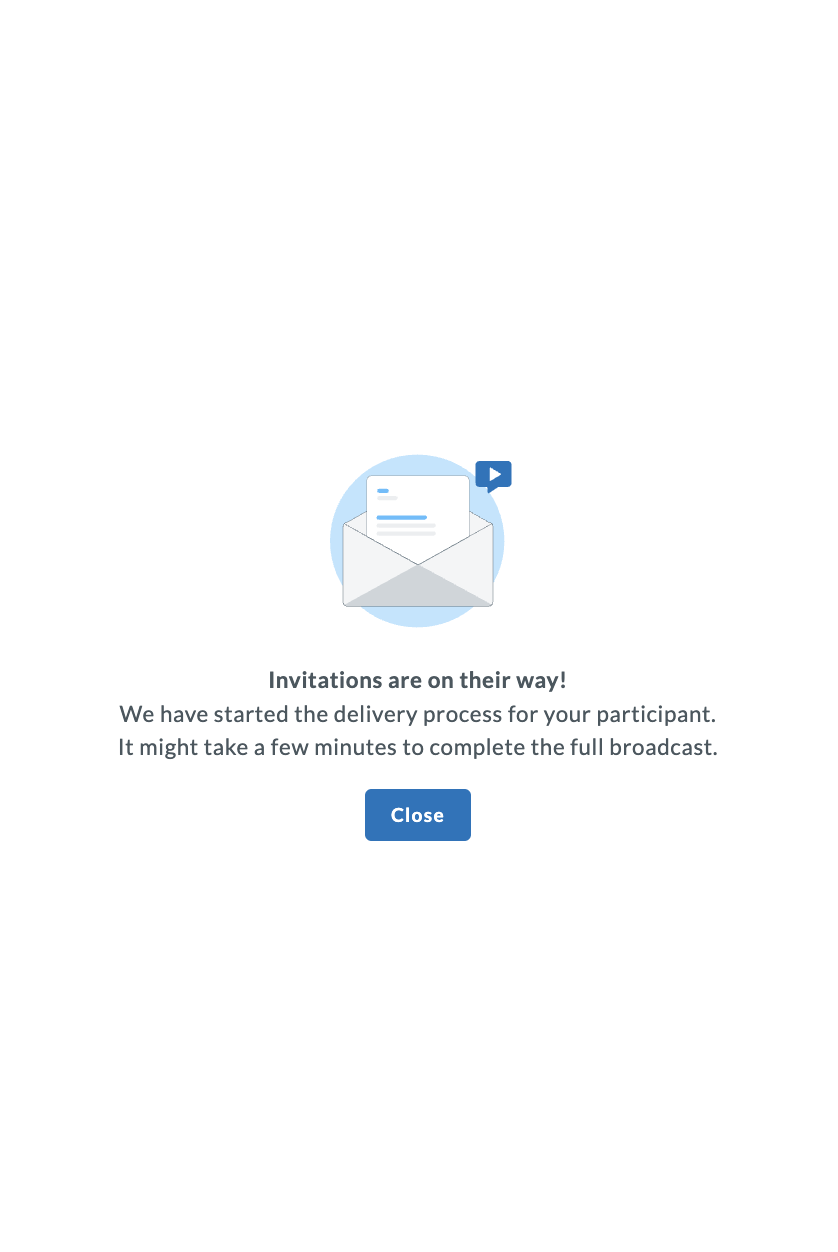 Confirmation screen showing "Invitations are on their way!" message after successfully sending email invitations.