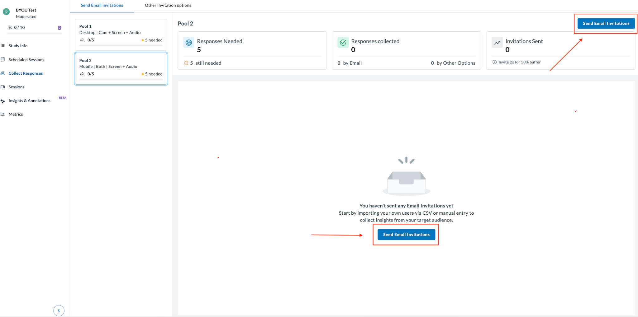 Collect Responses page showing audience panels and Send Email Invitations button.