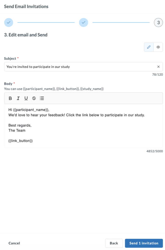 Step 3 showing email editor with subject line, body, and dynamic variable options.