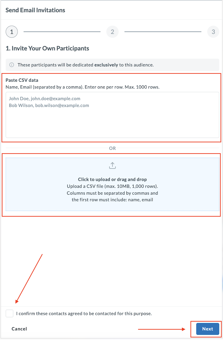 Step 1 of Send Email Invitations with participant contacts pasted in CSV format.