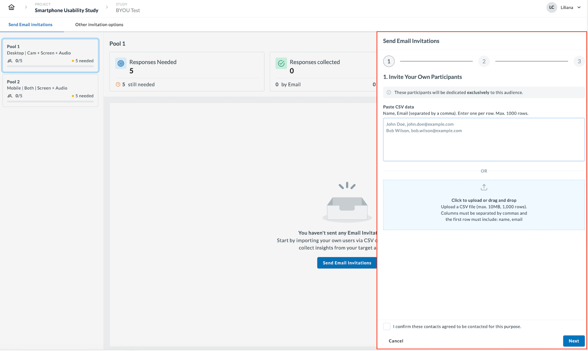 Send Email Invitations panel showing Paste CSV data field and CSV upload area.