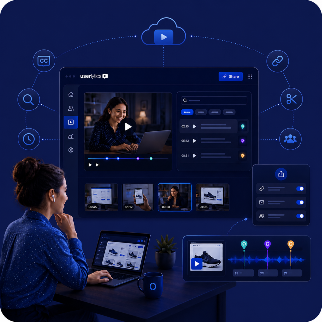 Illustration of UX video analysis tools featuring multilingual transcripts, timestamped video playback, shareable highlights, and user behavior insight dashboards.
