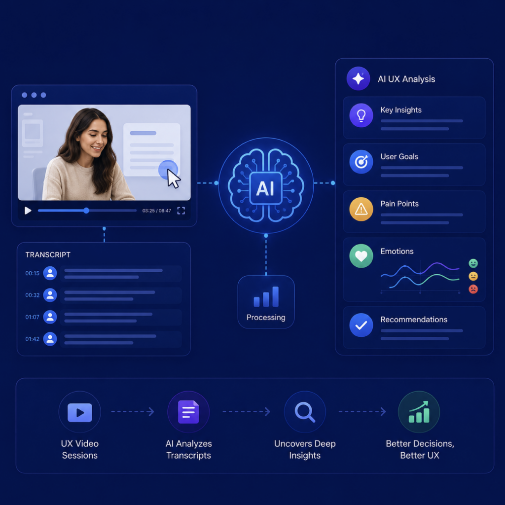 Illustration of AI-powered UX video session analysis with transcript insights, behavioral patterns, sentiment detection, and automated user experience analytics dashboards.
