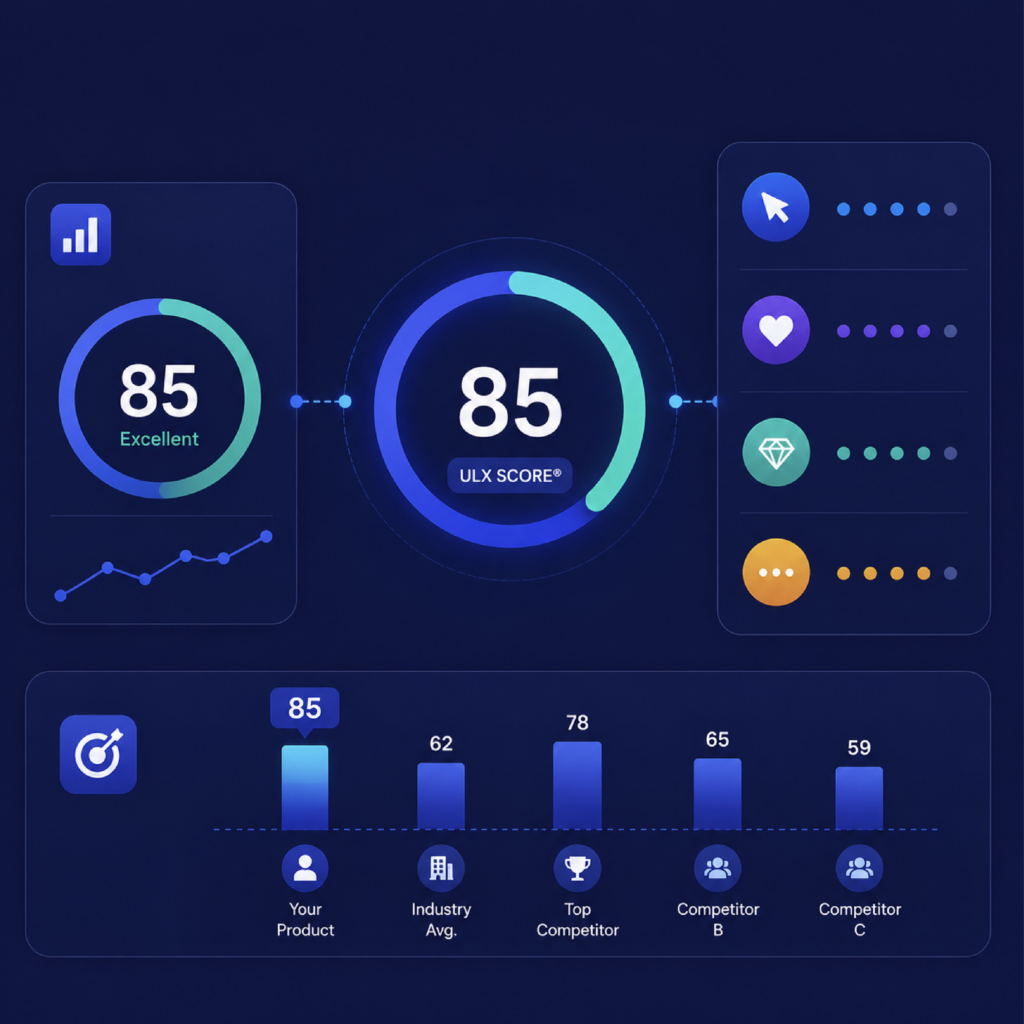 Illustration of UX analytics dashboard highlighting the ULX Score®, usability benchmarking, user experience metrics, sentiment insights, and performance evaluation tools.

