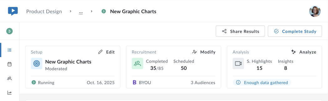 The study pulse main dashboard with the 3 main columns : Setup, Recruitment and Analysis.