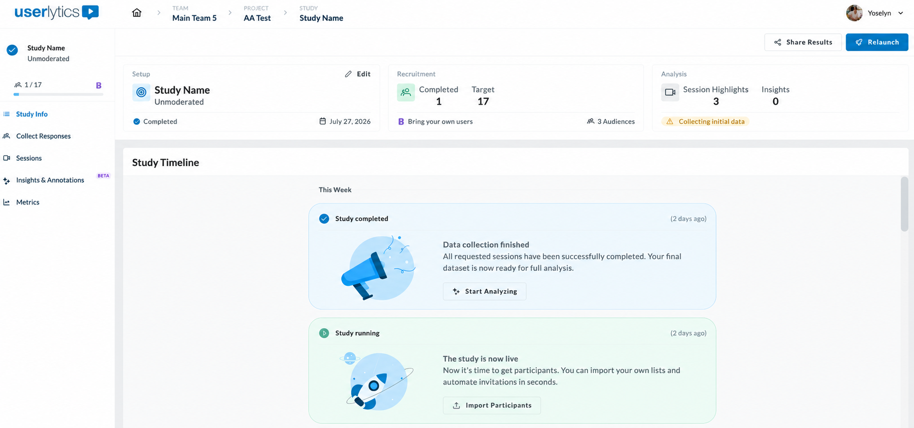 New Study pulse web interface with all the panels