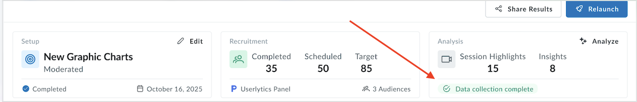 Data collection completed notification on the analysis column on the study pulse dashboard/