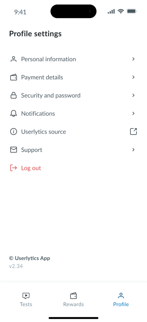 Profile settings dashboard