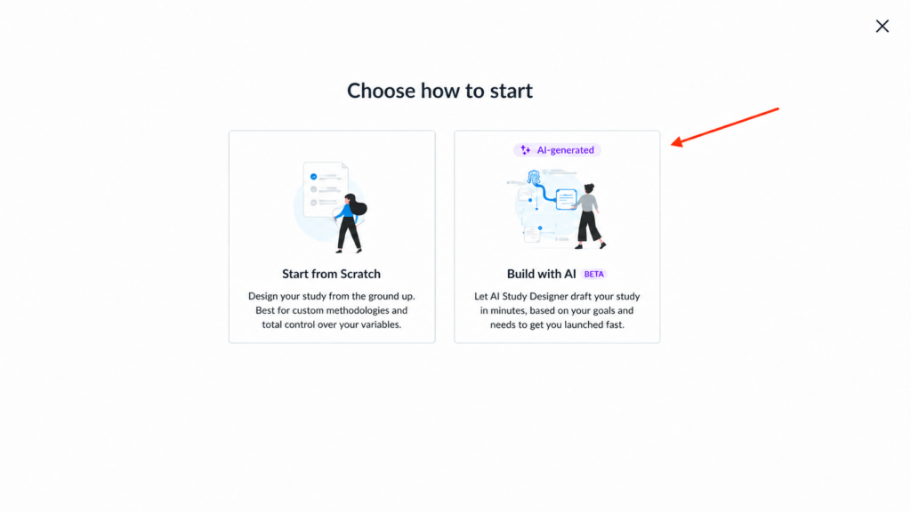 Choose how to start screen with a red arrow pointing to the “Build with AI” option.