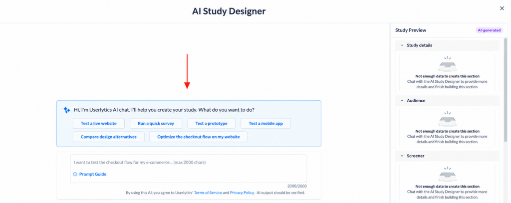 AI Study Designer interface with a red arrow pointing down to the main AI chat options panel.