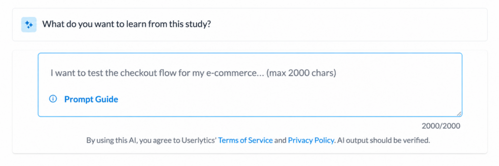 AI Study Designer prompt asking what the user wants to learn from the study, with a large text field and Prompt Guide link.