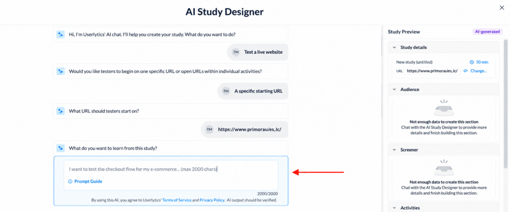 AI Study Designer interface with a red arrow pointing left toward the study-goal text input box.