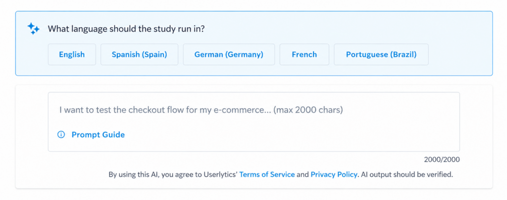 AI Study Designer asking users to select the study language, with options for English, Spanish, German, French, and Portuguese.
