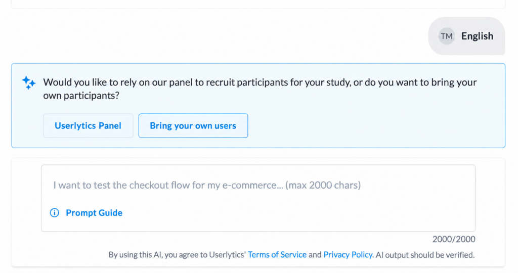 AI Study Designer asking whether to recruit participants from the Userlytics Panel or bring your own users.