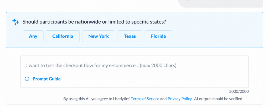 AI Study Designer asking whether participants should be nationwide or limited to specific U.S. states, with state selection options shown.