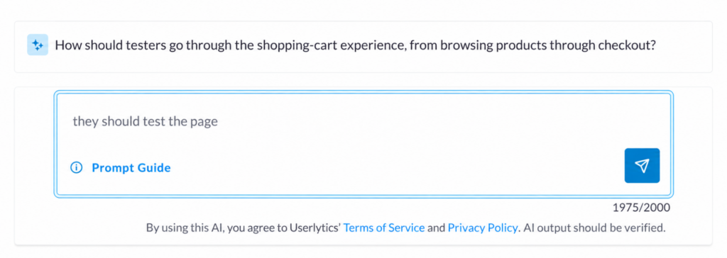 AI Study Designer asking how testers should complete the shopping-cart experience, with a response entered in the prompt field.
